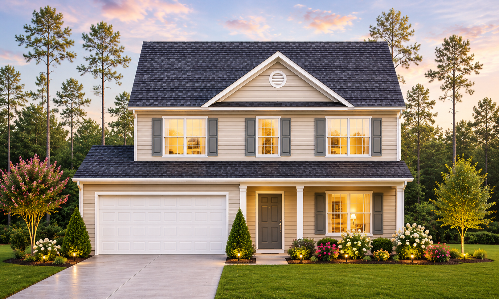 The 1715 four-bedroom home plan exterior, shown as a previously built home from this plan