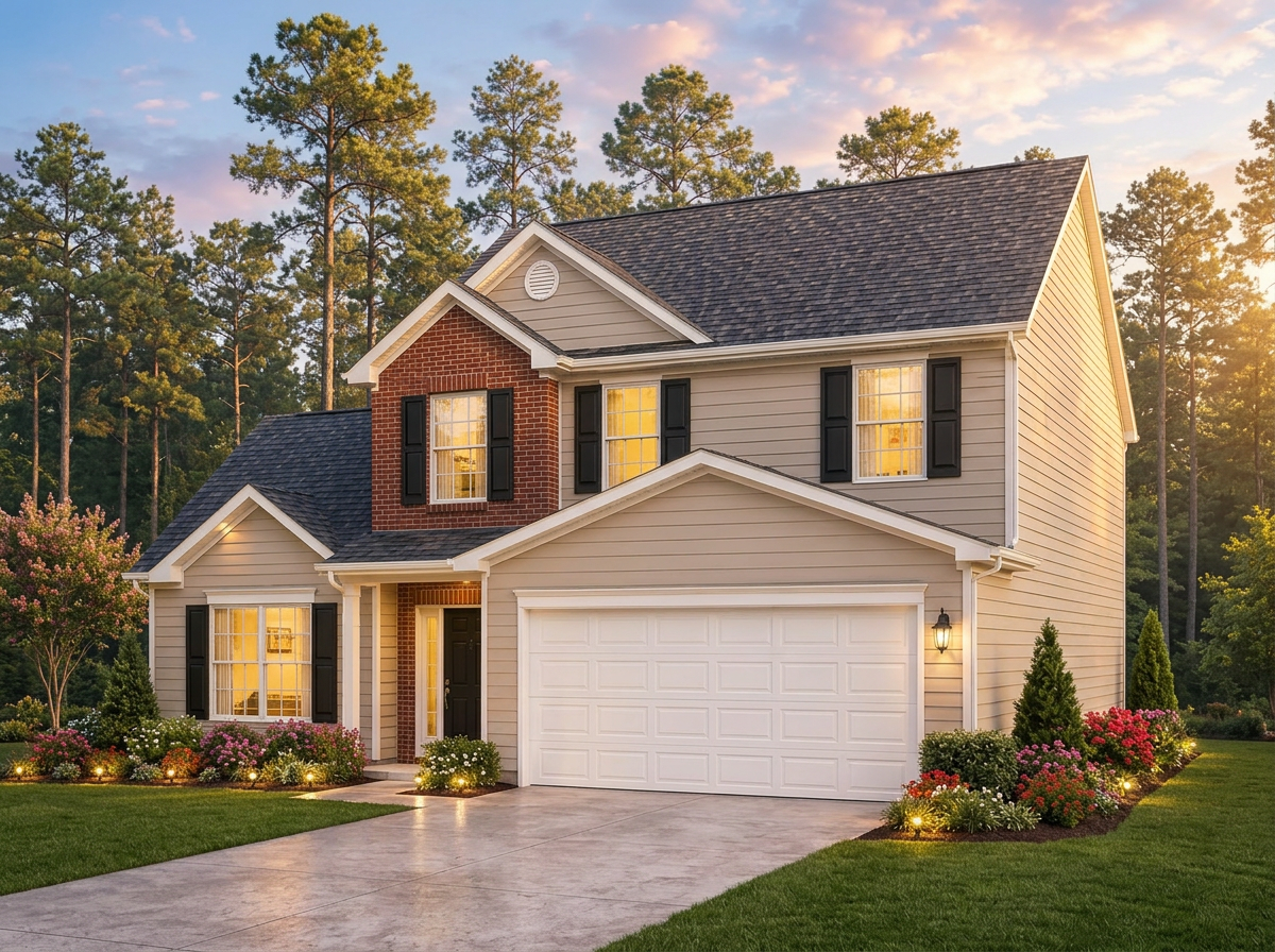Two-story home built from one of the available RAM Homes floor plans, shown at dusk with warm interior lighting